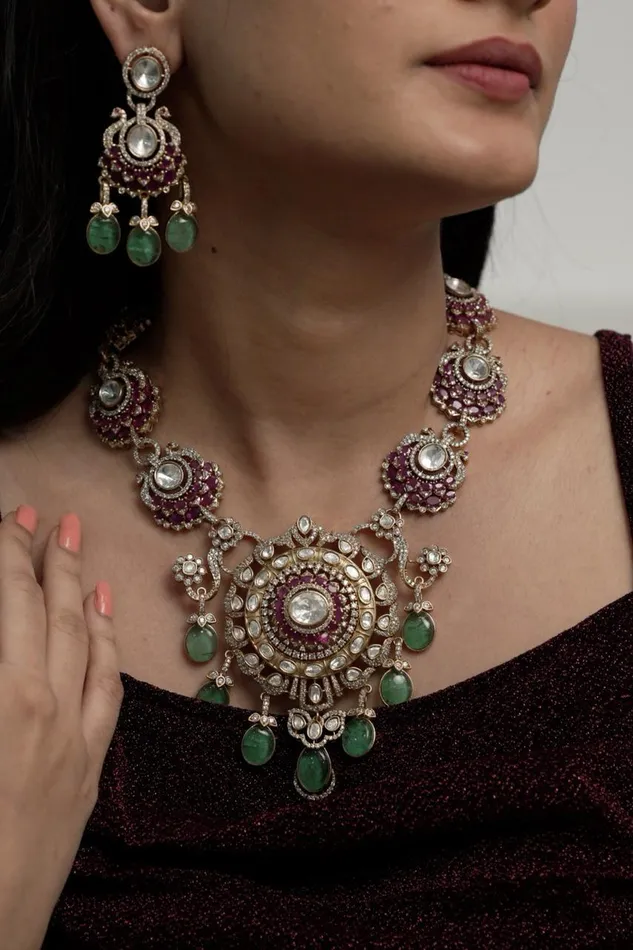 Shubhita Heavy Polki Necklace Set with Chandbalis Attrangi Necklaces