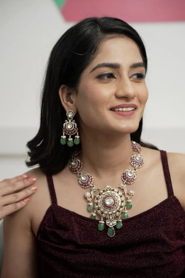 Shubhita Heavy Polki Necklace Set with Chandbalis Attrangi Necklaces Shubhita Heavy Polki Necklace Set with Chandbalis Attrangi Necklaces