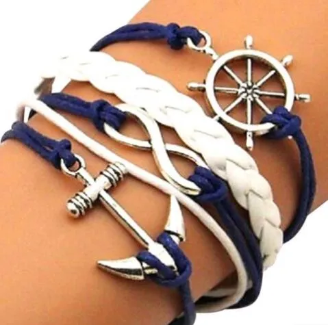 AZ1279 Blue White Ship Wheel Anchor Infinity Layer Leather Bracelet alice Bracelets