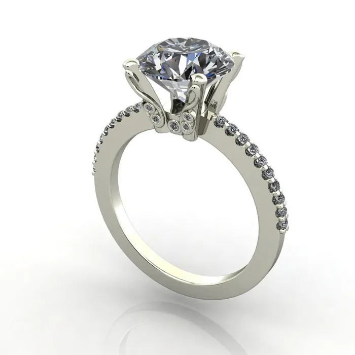 Fire Brilliance Rings Stacey Round Center Stone Custom Diamond Shoulders and Diamond Bezel High Prong Set Design Ring