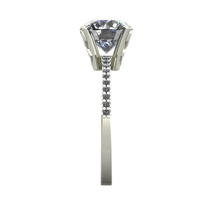 Fire Brilliance Rings Stacey Round Center Stone Custom Diamond Shoulders and Diamond Bezel High Prong Set Design Ring