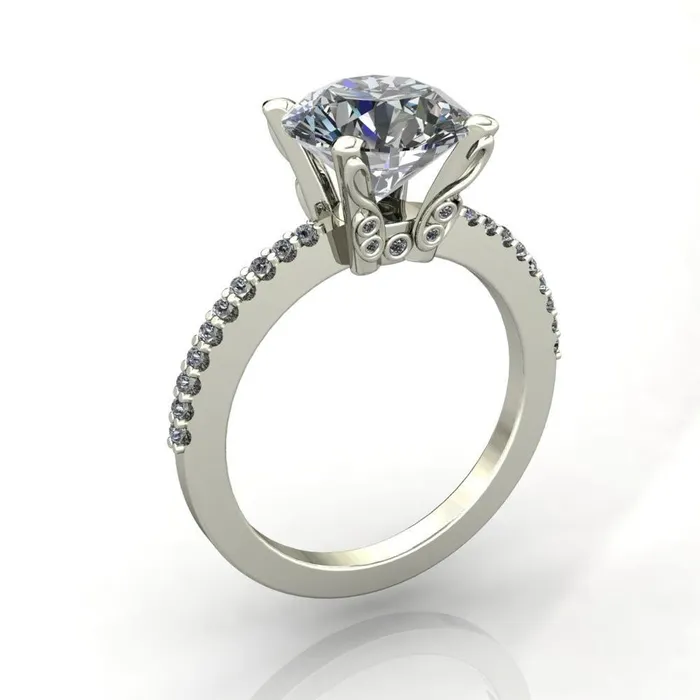 Fire Brilliance Rings Stacey Round Center Stone Custom Diamond Shoulders and Diamond Bezel High Prong Set Design Ring