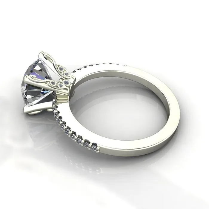 Fire Brilliance Rings Stacey Round Center Stone Custom Diamond Shoulders and Diamond Bezel High Prong Set Design Ring
