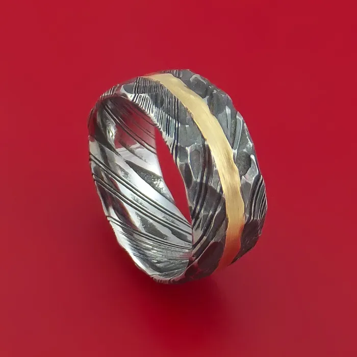 Lashbrook Rings Hammered Kuro Damascus Steel Ring with 14k Yellow Gold Inlay Custom Made Band