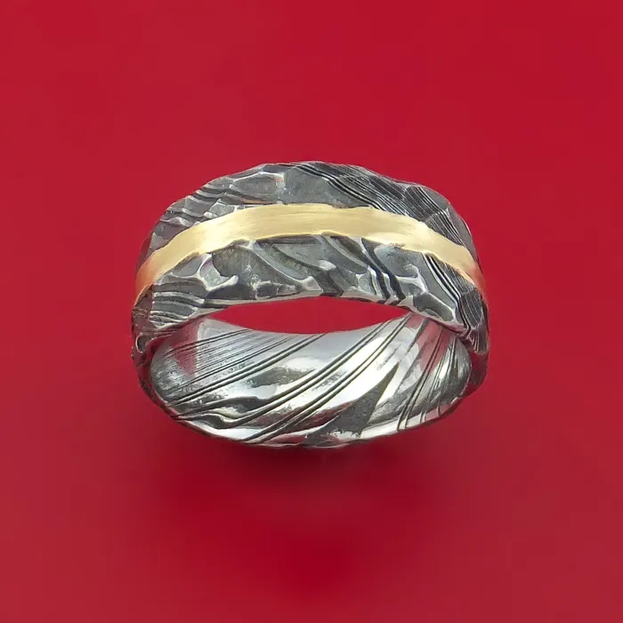 Lashbrook Rings Hammered Kuro Damascus Steel Ring with 14k Yellow Gold Inlay Custom Made Band Lashbrook Rings Hammered Kuro Damascus Steel Ring with 14k Yellow Gold Inlay Custom Made Band