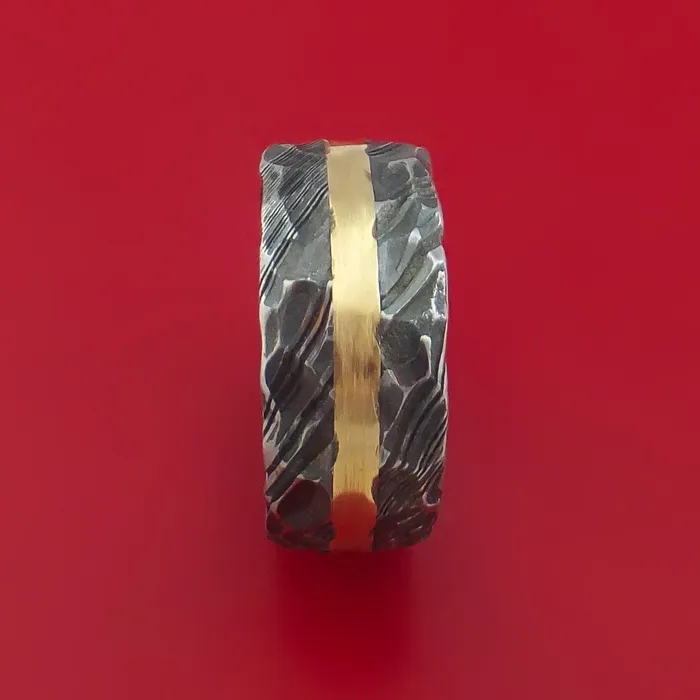 Lashbrook Rings Hammered Kuro Damascus Steel Ring with 14k Yellow Gold Inlay Custom Made Band Lashbrook Rings Hammered Kuro Damascus Steel Ring with 14k Yellow Gold Inlay Custom Made Band