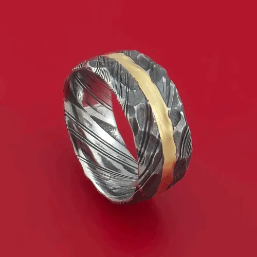 Lashbrook Rings Hammered Kuro Damascus Steel Ring with 14k Yellow Gold Inlay Custom Made Band Lashbrook Rings Hammered Kuro Damascus Steel Ring with 14k Yellow Gold Inlay Custom Made Band
