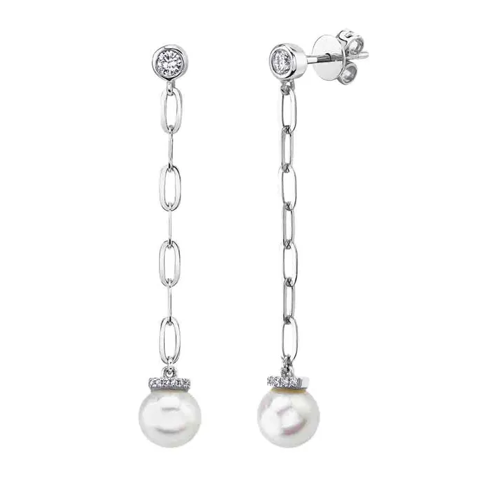 14K White Gold Cultured Pearl Diamond Paperclip Link Earrings Meierotto Jewelers Earrings