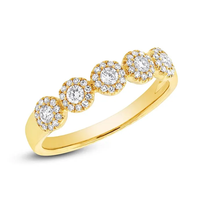 14K Yellow Gold Diamond Band with 5 Halos Wedding Bands Rings