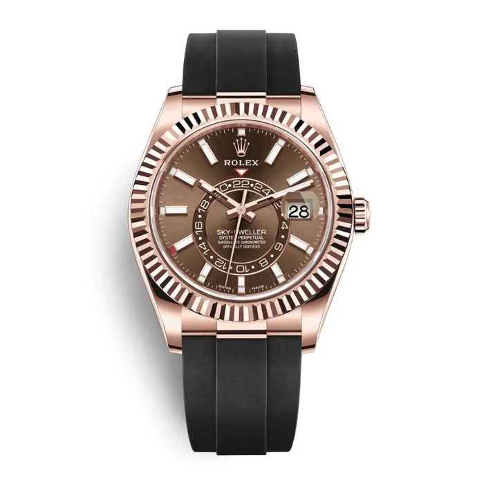Bracelets Rolex Rolex SkyDweller 42mm Ref 3262350005 Chocolate Stick Dial 18K Rose Gold Case Black Oysterflex Bracelet Watch