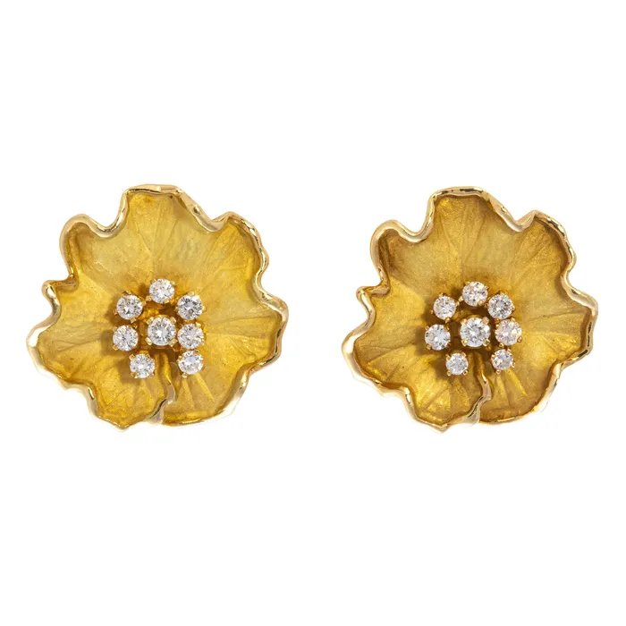 Earrings Croghans Vintage Diamond 18K Yellow Gold Flower ClipOn Earrings