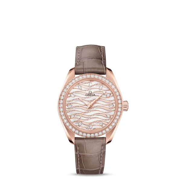 Omega Seamaster 34mm Watch Ref 22058342099006 White Pave Diamond Index Dial Diamond Bezel in 18K Rose Gold Case Brown Leather Strap Omega Watches Omega Seamaster 34mm Watch Ref 22058342099006 White Pave Diamond Index Dial Diamond Bezel in 18K Rose Gold Case Brown Leather Strap Omega Watches