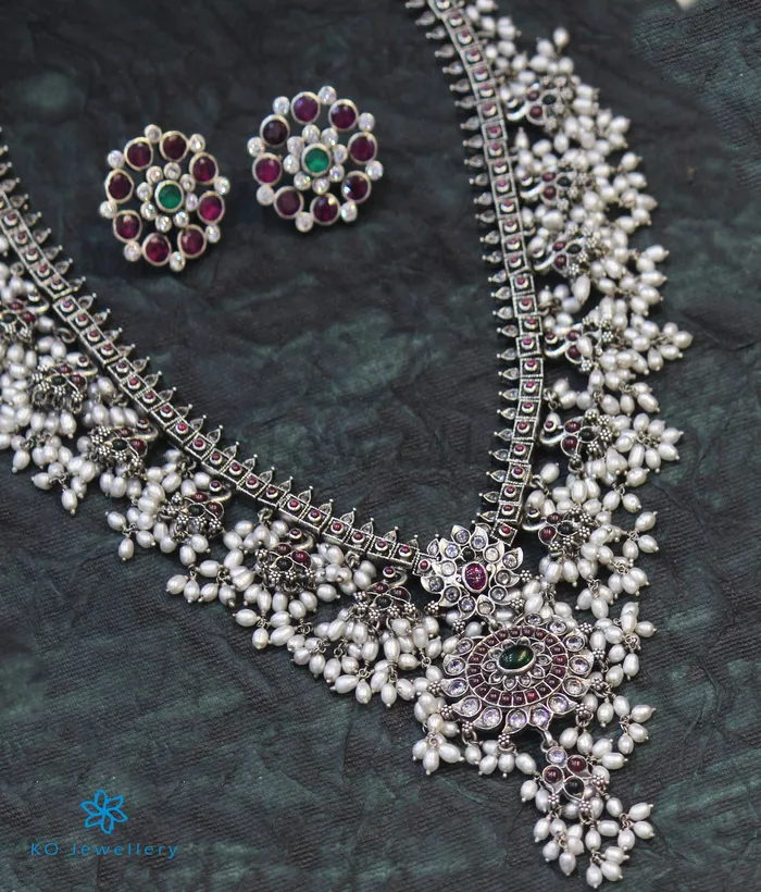 The Shloka Silver Guttapusalu Necklace LongOxidised Silversmith Necklaces