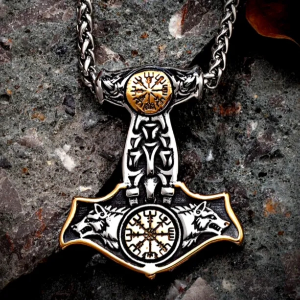 AE Necklaces Thors Hammer Necklace Golden Asgards Wolves