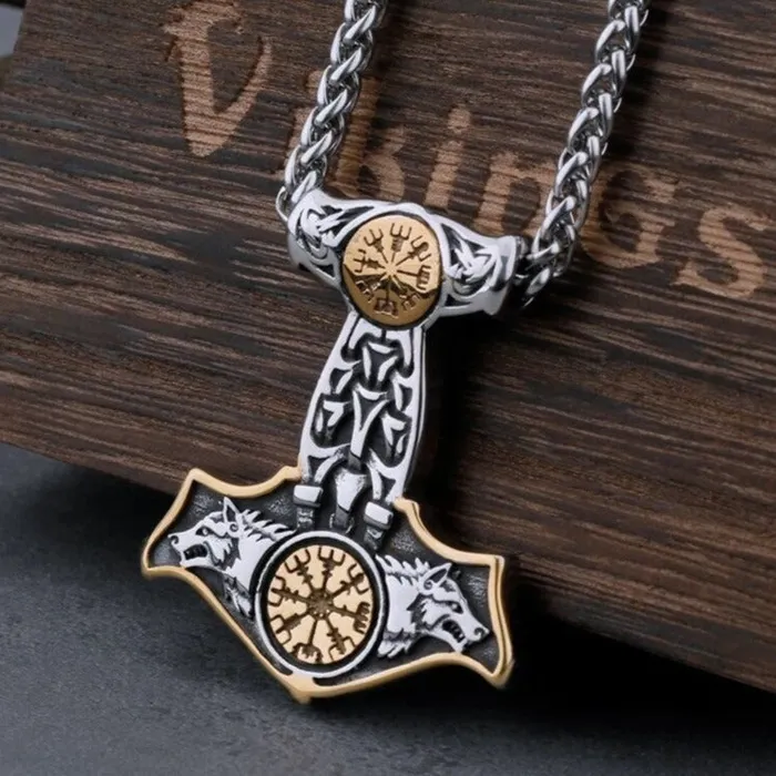 AE Necklaces Thors Hammer Necklace Golden Asgards Wolves