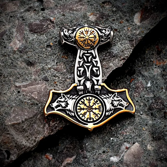 AE Necklaces Thors Hammer Necklace Golden Asgards Wolves