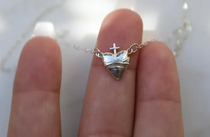 Holy Hearts Sacred Heart of Jesus Necklace in Sterling Silver TheLittleCatholic Necklaces Holy Hearts Sacred Heart of Jesus Necklace in Sterling Silver TheLittleCatholic Necklaces
