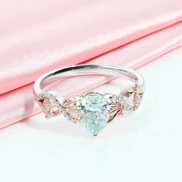 Luxus Moissanite Rings White And Rose Gold Blue Pear Cut Moissanite Engagement Ring 1ct