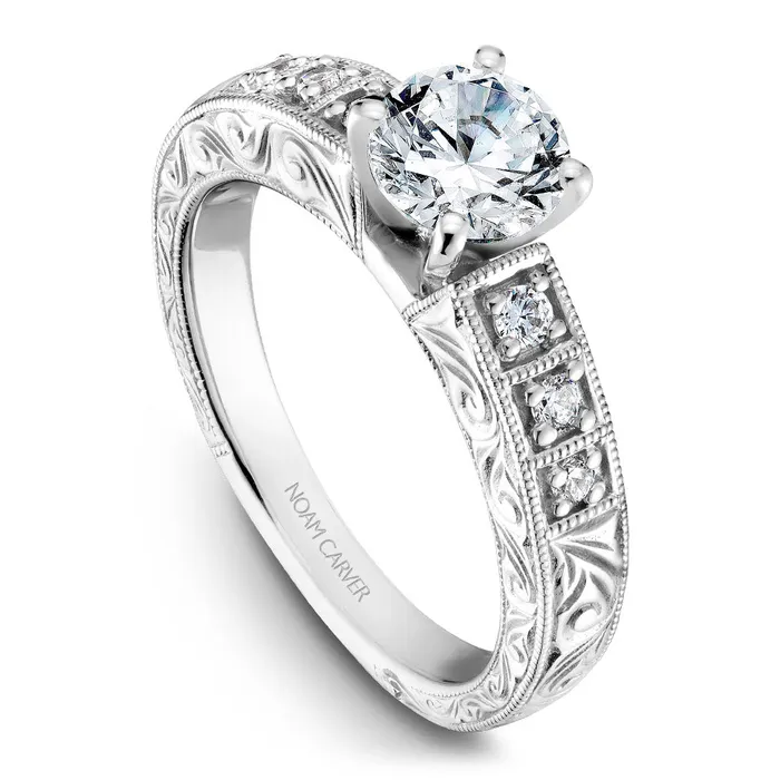 Noam Carver White Gold Milgrain and Carved Shank Diamond Engagement Ring Setting 014 CTW International Diamond Center Rings Noam Carver White Gold Milgrain and Carved Shank Diamond Engagement Ring Setting 014 CTW International Diamond Center Rings