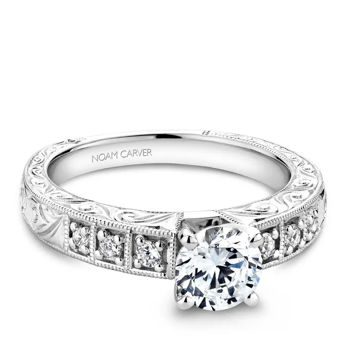 Noam Carver White Gold Milgrain and Carved Shank Diamond Engagement Ring Setting 014 CTW International Diamond Center Rings