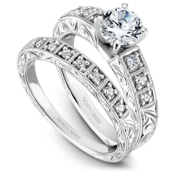 Noam Carver White Gold Milgrain and Carved Shank Diamond Engagement Ring Setting 014 CTW International Diamond Center Rings