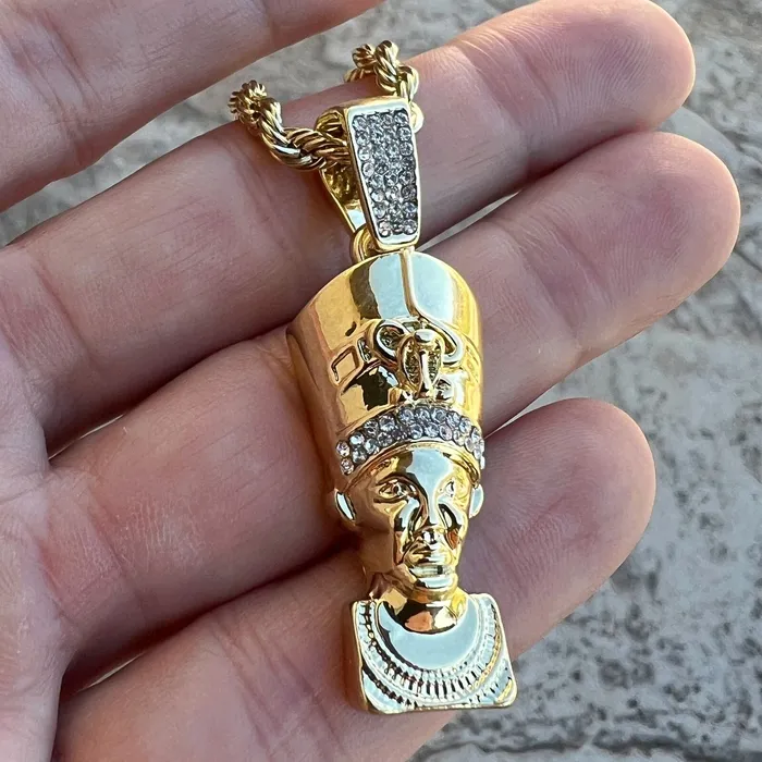 14K Gold Plated Queen Nefertiti Iced Rope Chain Necklace 24 Bling Cartel Necklaces