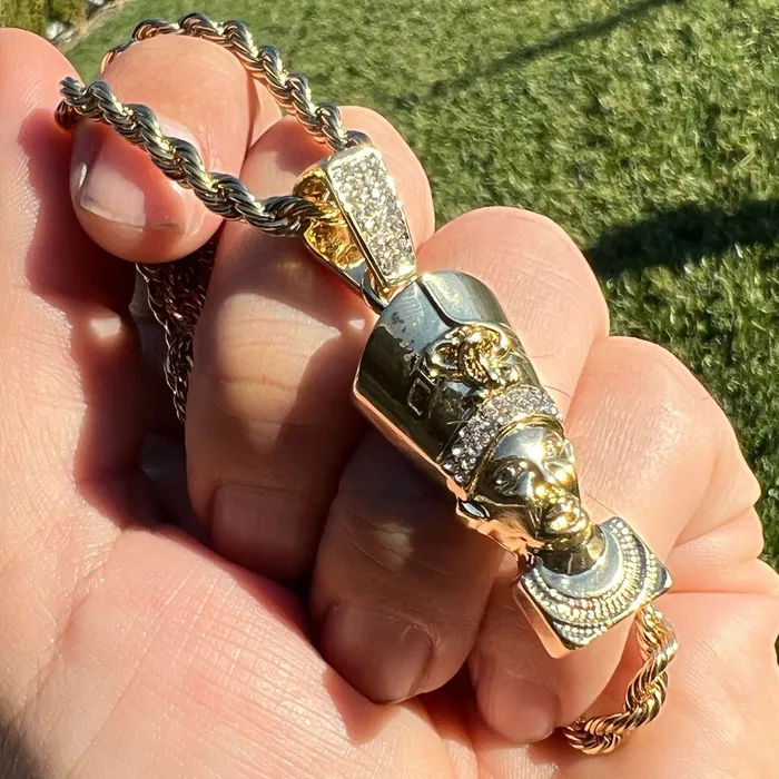 14K Gold Plated Queen Nefertiti Iced Rope Chain Necklace 24 Bling Cartel Necklaces