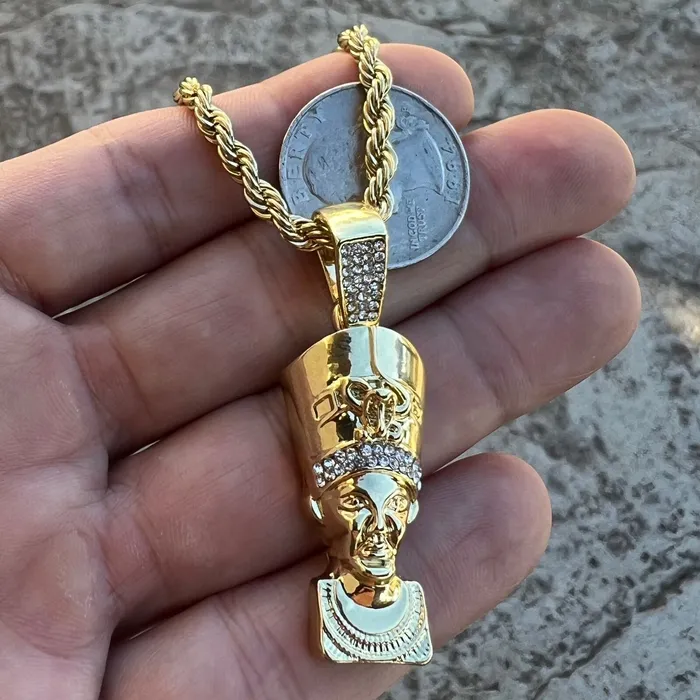 14K Gold Plated Queen Nefertiti Iced Rope Chain Necklace 24 Bling Cartel Necklaces