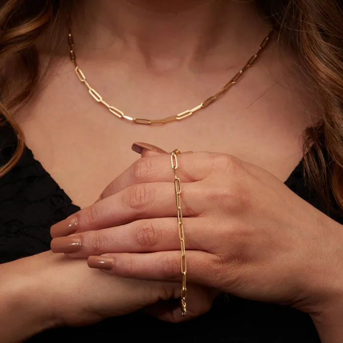 14K Solid Gold 34mm Paper Clip Link Bracelet VVS Jewelry Bracelets