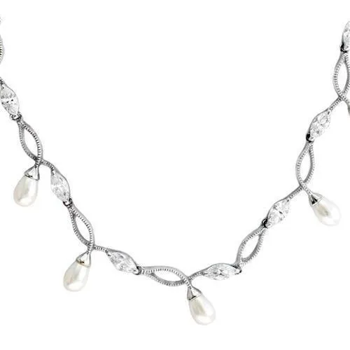 7X420 Rhodium 925 Sterling Silver Necklace with Synthetic Pearl in White Alamode Necklaces