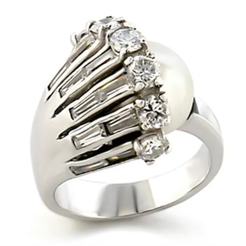 9W010 Rhodium Brass Ring with Synthetic Pearl in White Alamode Rings