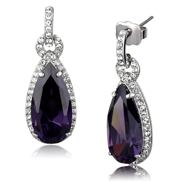 Alamode Earrings LO3756 Rhodium Brass Earrings with AAA Grade CZ in Amethyst
