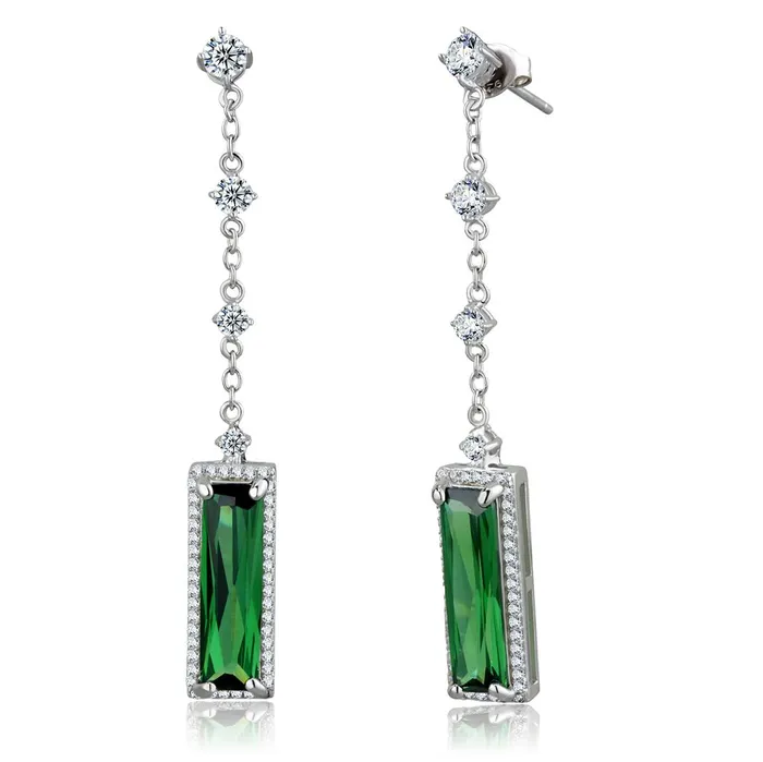 Alamode Earrings TS478 Rhodium 925 Sterling Silver Earrings with AAA Grade CZ in Emerald