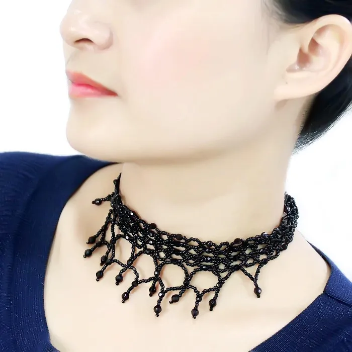 Alamode Necklaces LO4722 Rhodium Brass Necklace with Synthetic Synthetic Glass in Jet