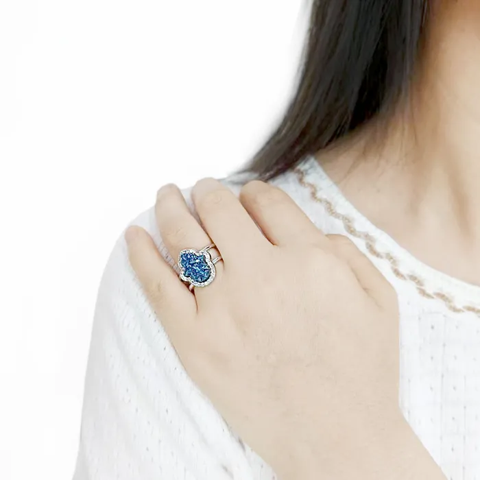 Alamode Rings 3W1723 Imitation RhodiumEcoating Brass Ring with Druzy in Capri Blue