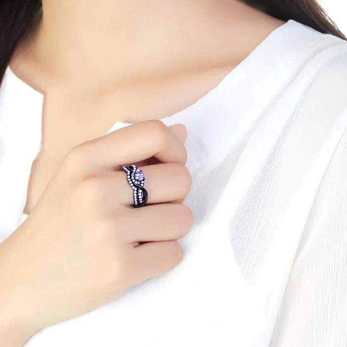 Alamode Rings TK3560 IP BlackIon Plating Stainless Steel Ring with AAA Grade CZ in Amethyst