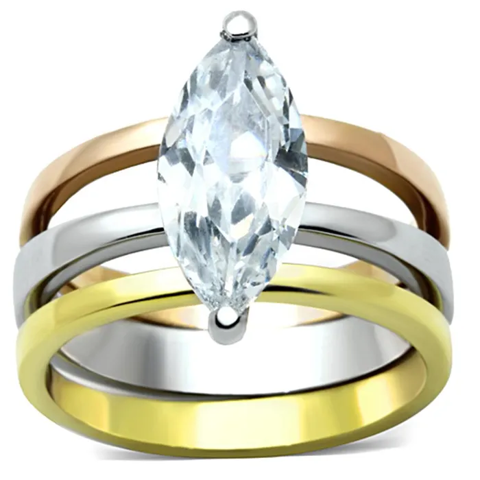 Alamode Rings TK964 Three Tone IP Gold IP Rose Gold High Polished Stainless Steel Ring with AAA Grade CZ in Clear Alamode Rings TK964 Three Tone IP Gold IP Rose Gold High Polished Stainless Steel Ring with AAA Grade CZ in Clear