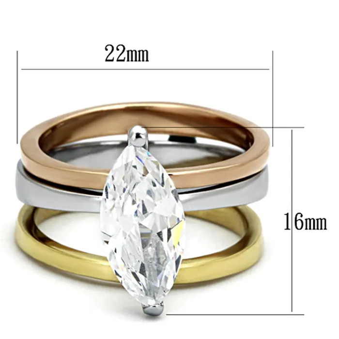Alamode Rings TK964 Three Tone IP Gold IP Rose Gold High Polished Stainless Steel Ring with AAA Grade CZ in Clear