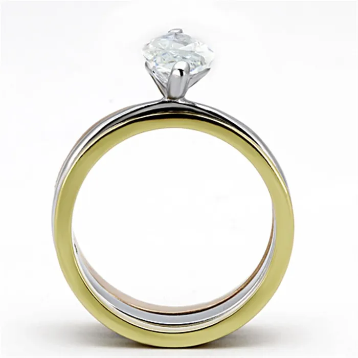Alamode Rings TK964 Three Tone IP Gold IP Rose Gold High Polished Stainless Steel Ring with AAA Grade CZ in Clear