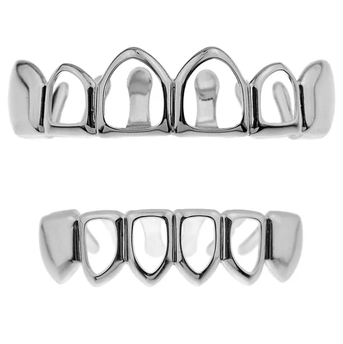 Bling Cartel Admin Rings Silver Tone 4 Open Face Hollow Teeth Grillz Set