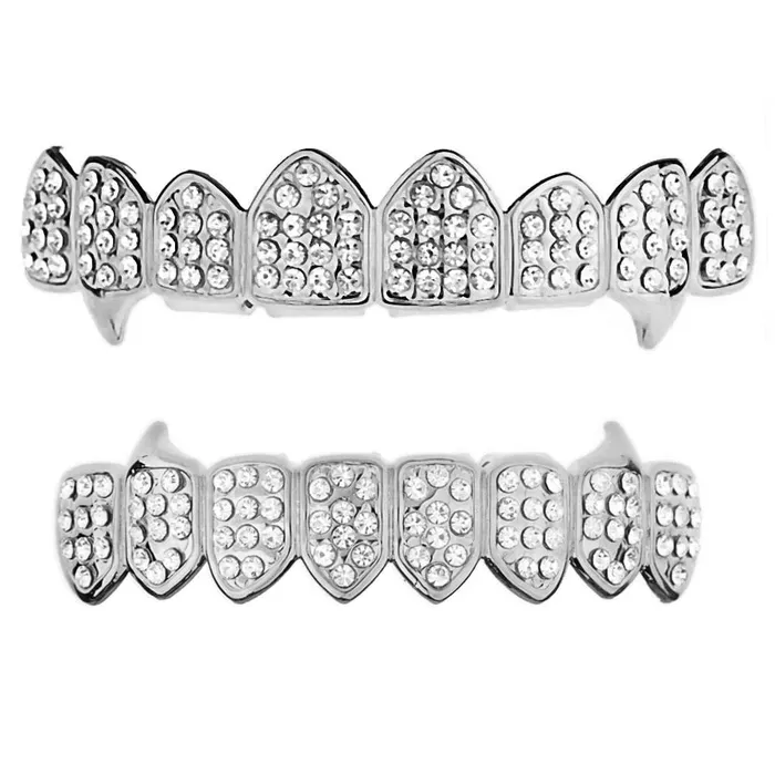 Bling Cartel Admin Rings Silver Tone 8 on Eight Teeth Iced Vampire Fangs Grillz Set Bling Cartel Admin Rings Silver Tone 8 on Eight Teeth Iced Vampire Fangs Grillz Set