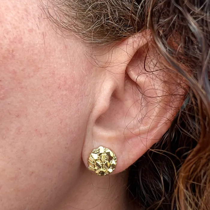 Bling Cartel Earrings 14k Gold Plated Nugget Round Shape Push Back Stud Earrings 12 MM Bling Cartel Earrings 14k Gold Plated Nugget Round Shape Push Back Stud Earrings 12 MM