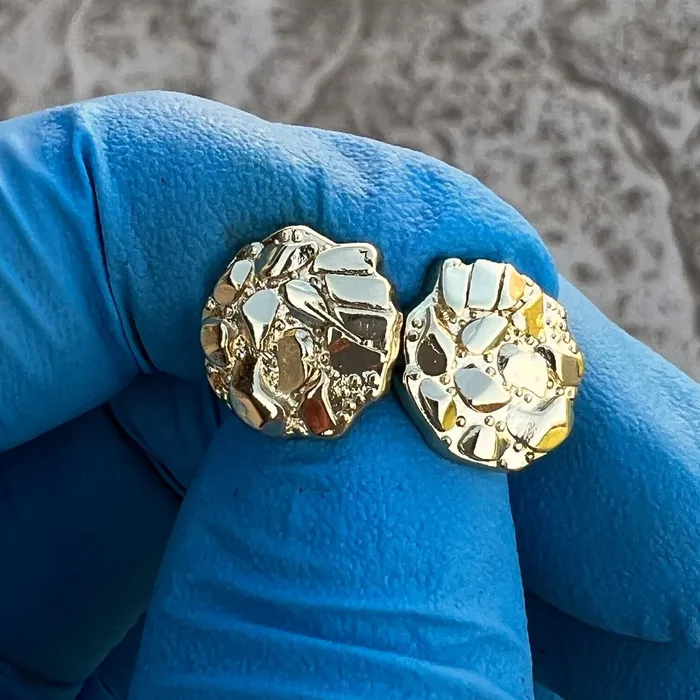 Bling Cartel Earrings 14k Gold Plated Nugget Round Shape Push Back Stud Earrings 12 MM Bling Cartel Earrings 14k Gold Plated Nugget Round Shape Push Back Stud Earrings 12 MM