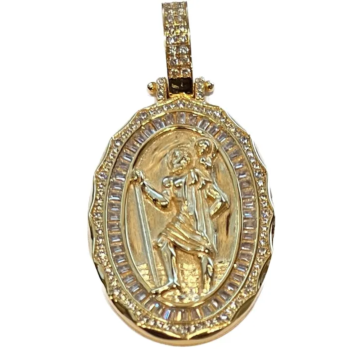 Bling Cartel Necklaces 14K Gold Plated 925 Silver St Saint Christopher Medal CZ Medallion Pendant Bling Cartel Necklaces 14K Gold Plated 925 Silver St Saint Christopher Medal CZ Medallion Pendant