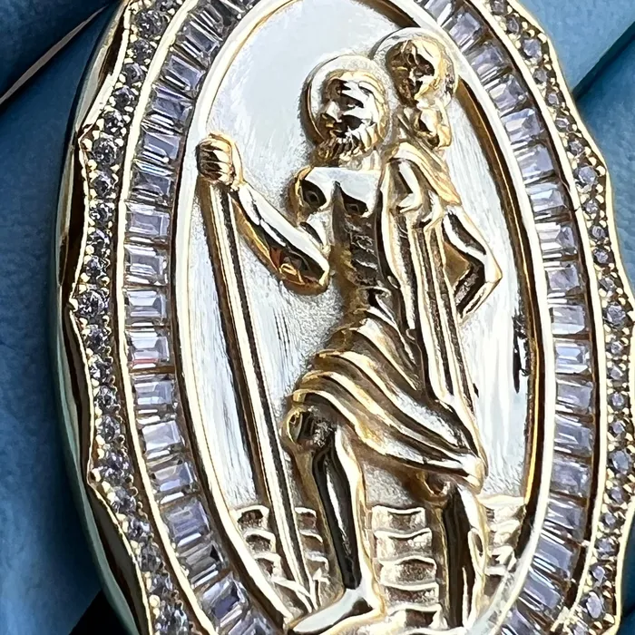 Bling Cartel Necklaces 14K Gold Plated 925 Silver St Saint Christopher Medal CZ Medallion Pendant Bling Cartel Necklaces 14K Gold Plated 925 Silver St Saint Christopher Medal CZ Medallion Pendant