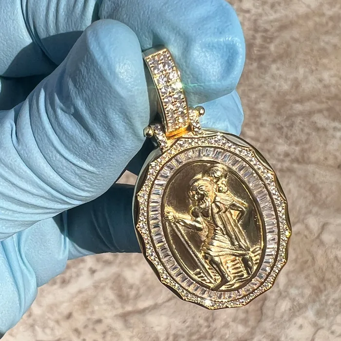 Bling Cartel Necklaces 14K Gold Plated 925 Silver St Saint Christopher Medal CZ Medallion Pendant Bling Cartel Necklaces 14K Gold Plated 925 Silver St Saint Christopher Medal CZ Medallion Pendant