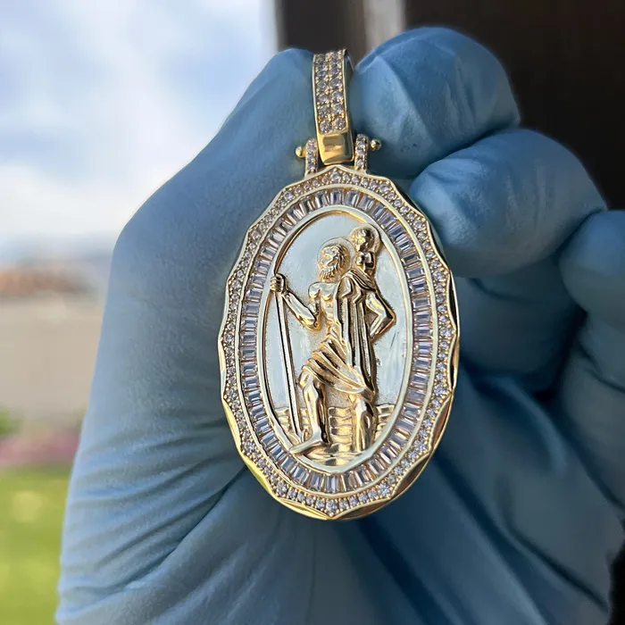 Bling Cartel Necklaces 14K Gold Plated 925 Silver St Saint Christopher Medal CZ Medallion Pendant Bling Cartel Necklaces 14K Gold Plated 925 Silver St Saint Christopher Medal CZ Medallion Pendant