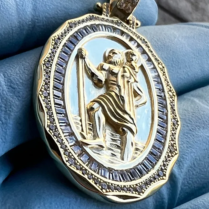 Bling Cartel Necklaces 14K Gold Plated 925 Silver St Saint Christopher Medal CZ Medallion Pendant Bling Cartel Necklaces 14K Gold Plated 925 Silver St Saint Christopher Medal CZ Medallion Pendant