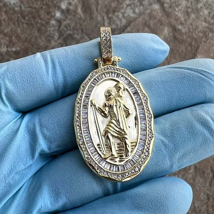 Bling Cartel Necklaces 14K Gold Plated 925 Silver St Saint Christopher Medal CZ Medallion Pendant Bling Cartel Necklaces 14K Gold Plated 925 Silver St Saint Christopher Medal CZ Medallion Pendant