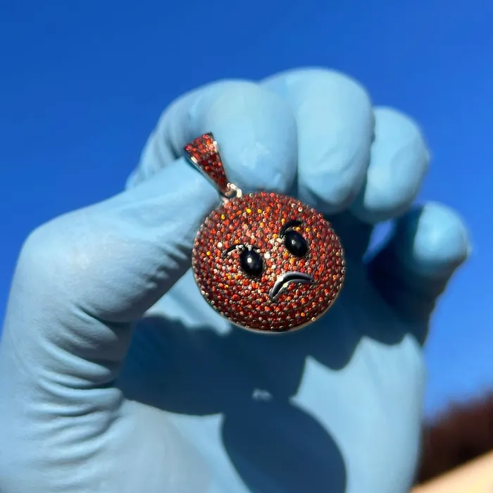 Bling Cartel Necklaces Real 925 Sterling Silver Fire Red Orange Angry Face Emoji Iced CZ Flooded Out Pendant Bling Cartel Necklaces Real 925 Sterling Silver Fire Red Orange Angry Face Emoji Iced CZ Flooded Out Pendant